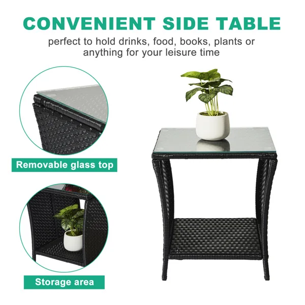 Outdoor Patio Wicker Side Table, Square End Table Bistro Coffee Table with Glass Top Storage Shelf for Porch Garden Backyard Black view 3