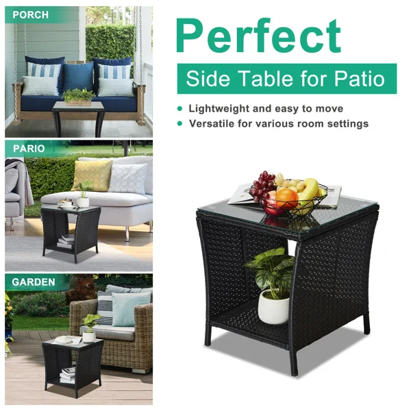 Outdoor Patio Wicker Side Table, Square End Table Bistro Coffee Table with Glass Top Storage Shelf for Porch Garden Backyard Black view 5