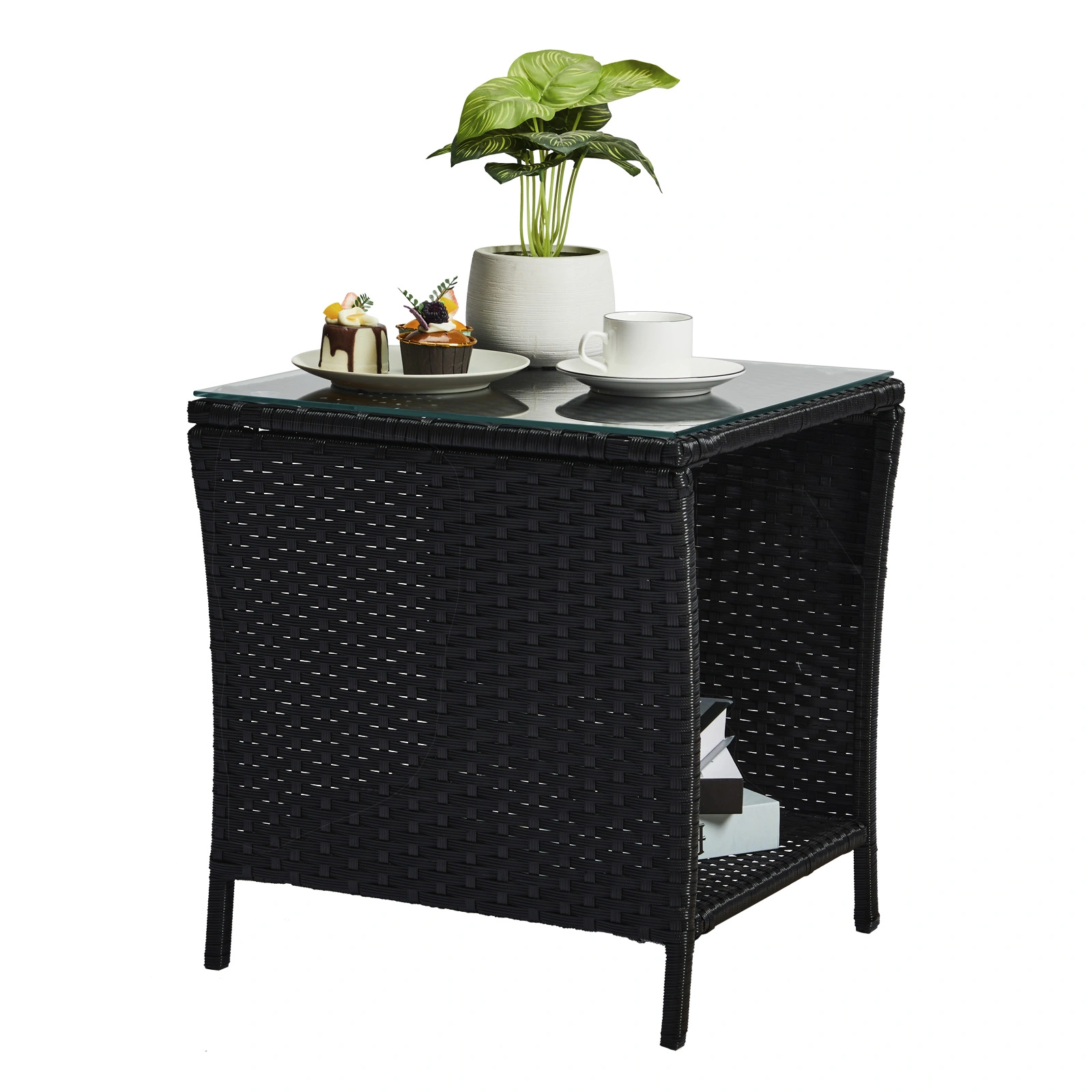 Outdoor Patio Wicker Side Table, Square Bistro Table with Glass Top & Shelf, Black view 11