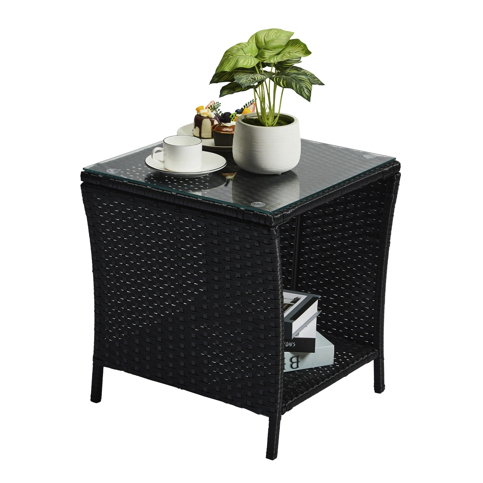 Outdoor Patio Wicker Side Table, Square Bistro Table with Glass Top & Shelf, Black view 12