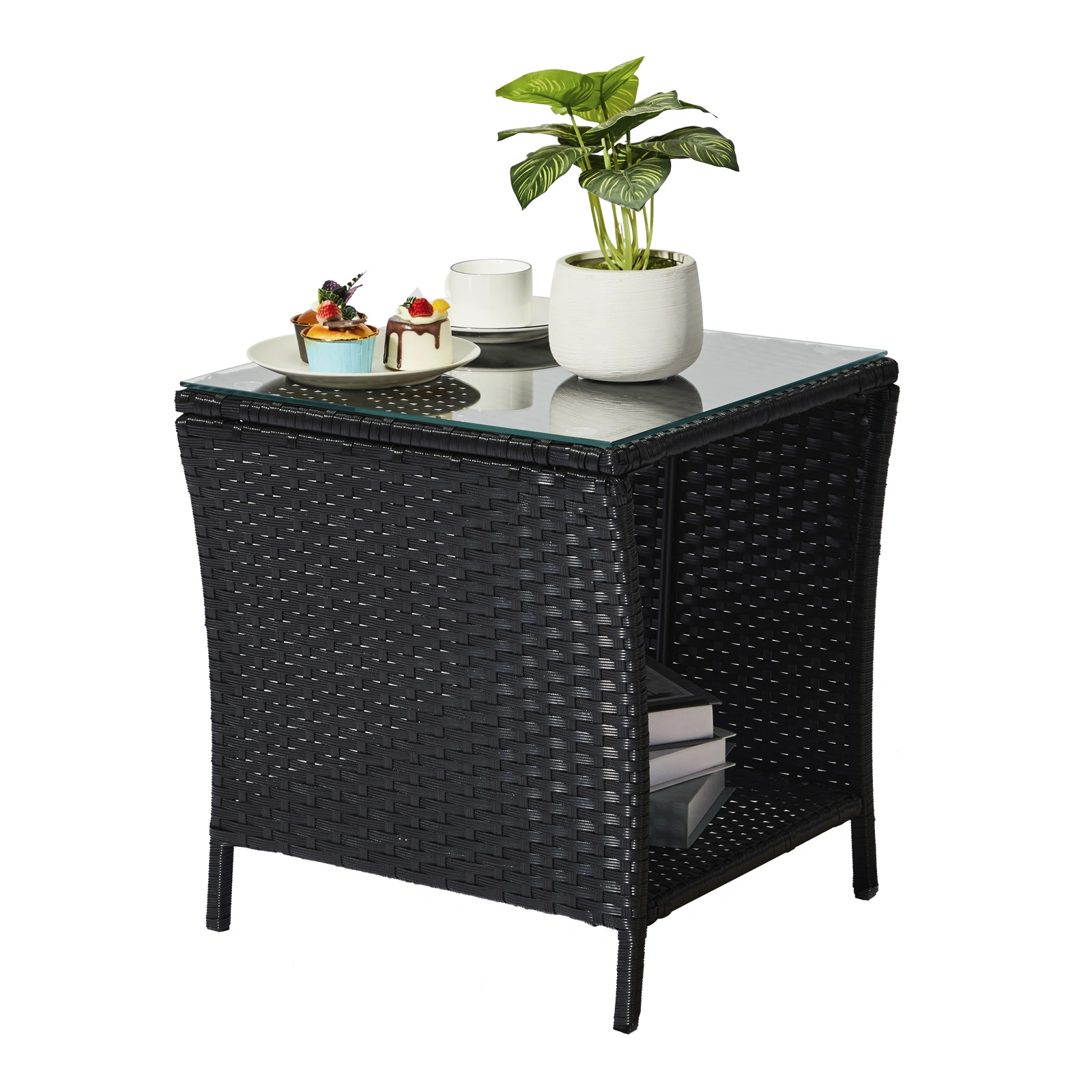 Outdoor Patio Wicker Side Table, Square Bistro Table with Glass Top & Shelf, Black view 13