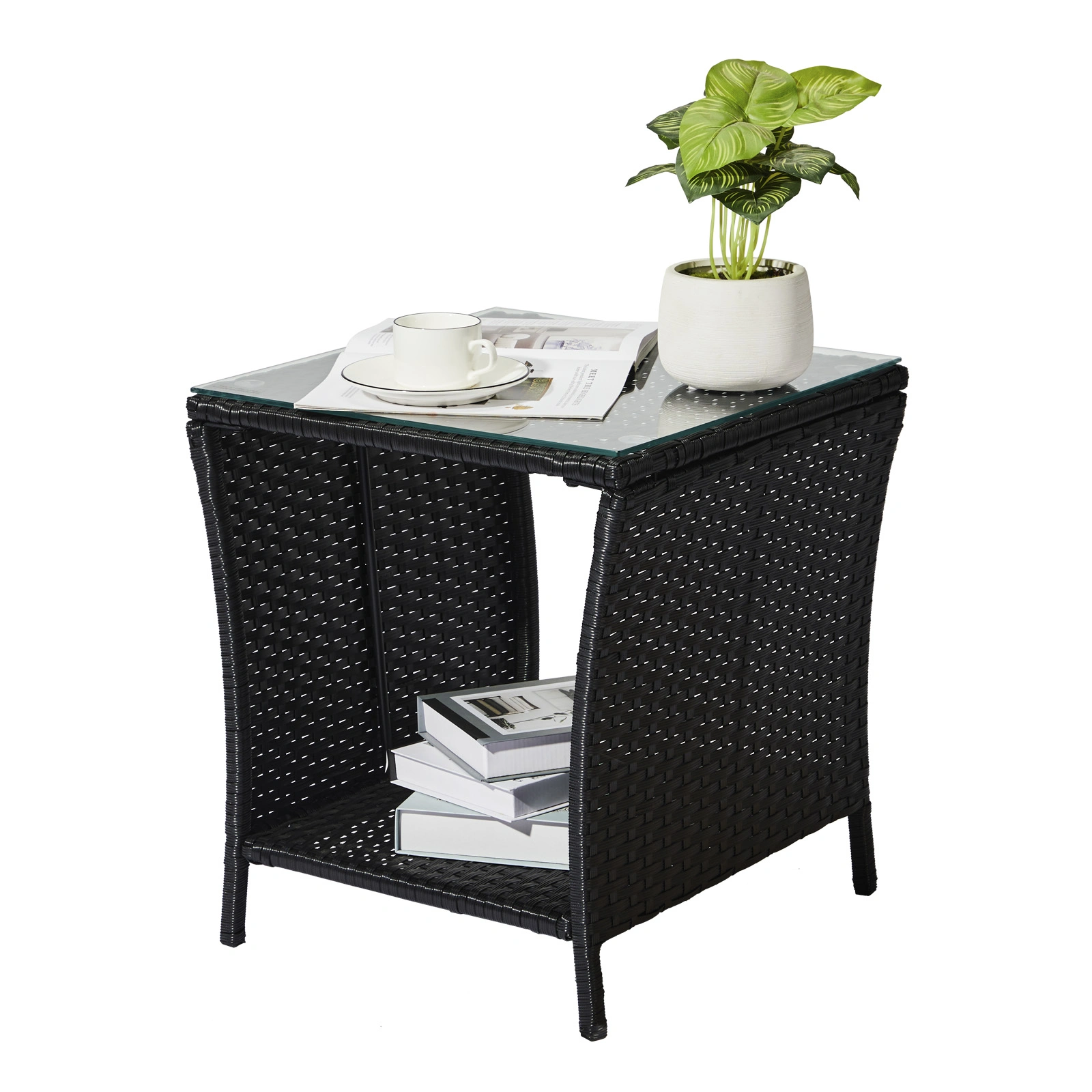 Outdoor Patio Wicker Side Table, Square Bistro Table with Glass Top & Shelf, Black view 14