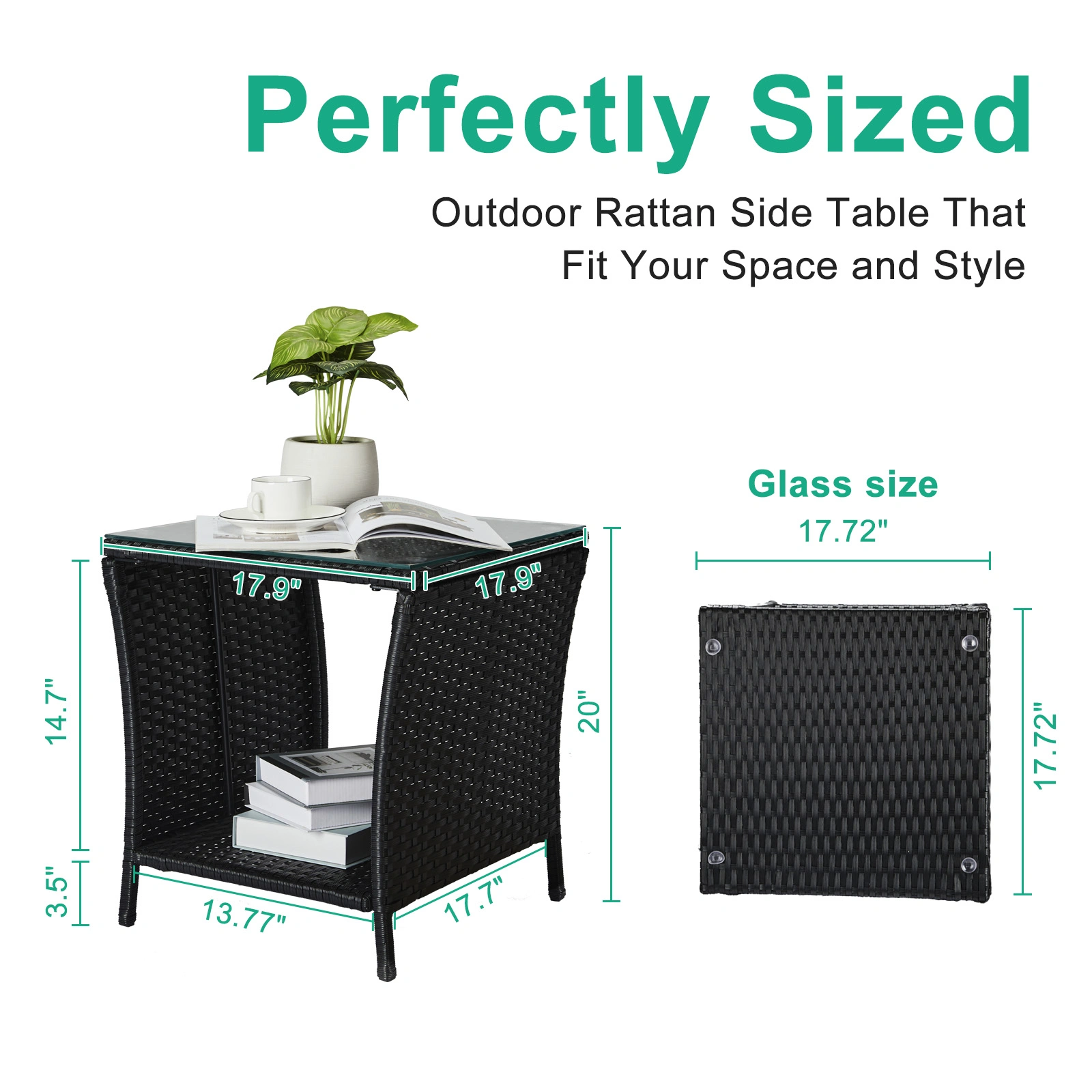 Outdoor Patio Wicker Side Table, Square Bistro Table with Glass Top & Shelf, Black view 2