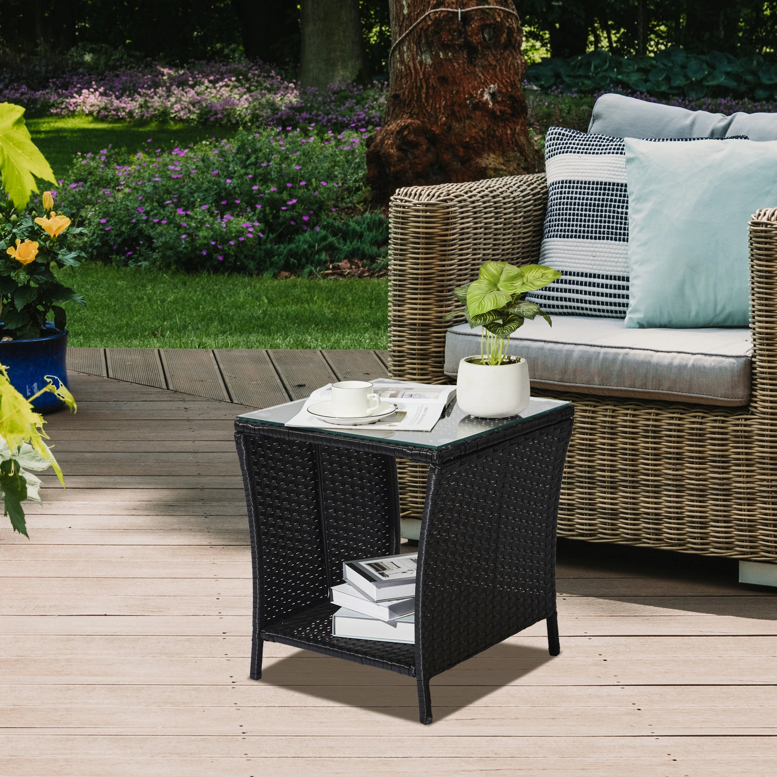 Outdoor Patio Wicker Side Table, Square Bistro Table with Glass Top & Shelf, Black view 23