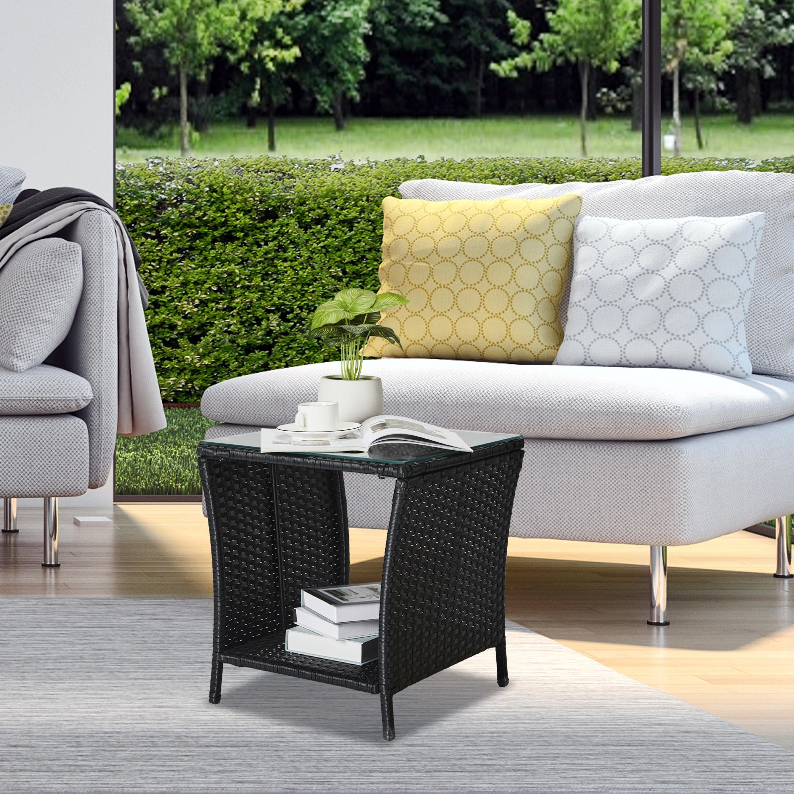 Outdoor Patio Wicker Side Table, Square Bistro Table with Glass Top & Shelf, Black view 24