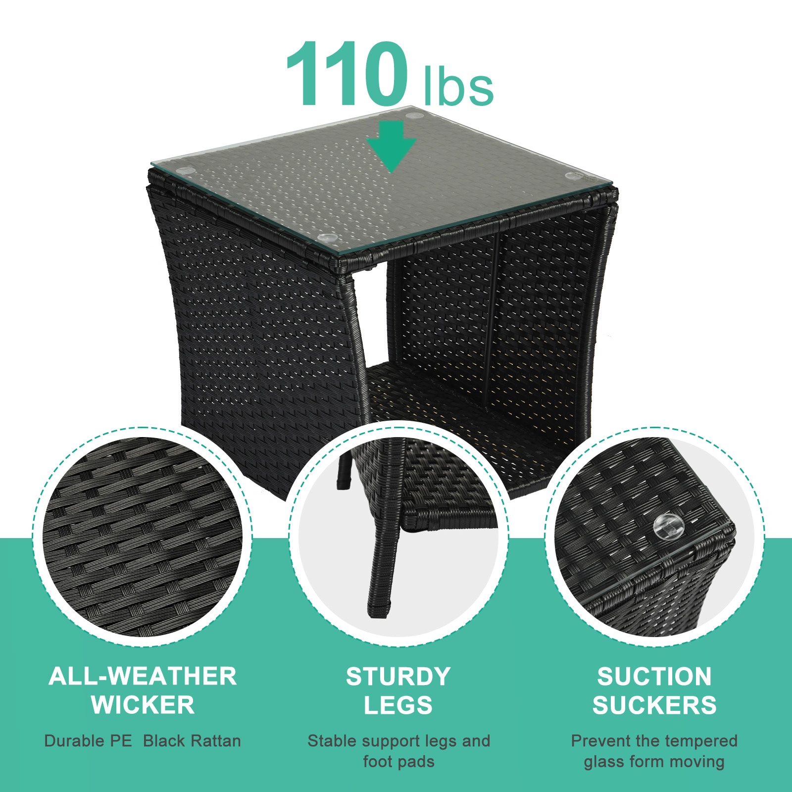 Outdoor Patio Wicker Side Table, Square Bistro Table with Glass Top & Shelf, Black view 4