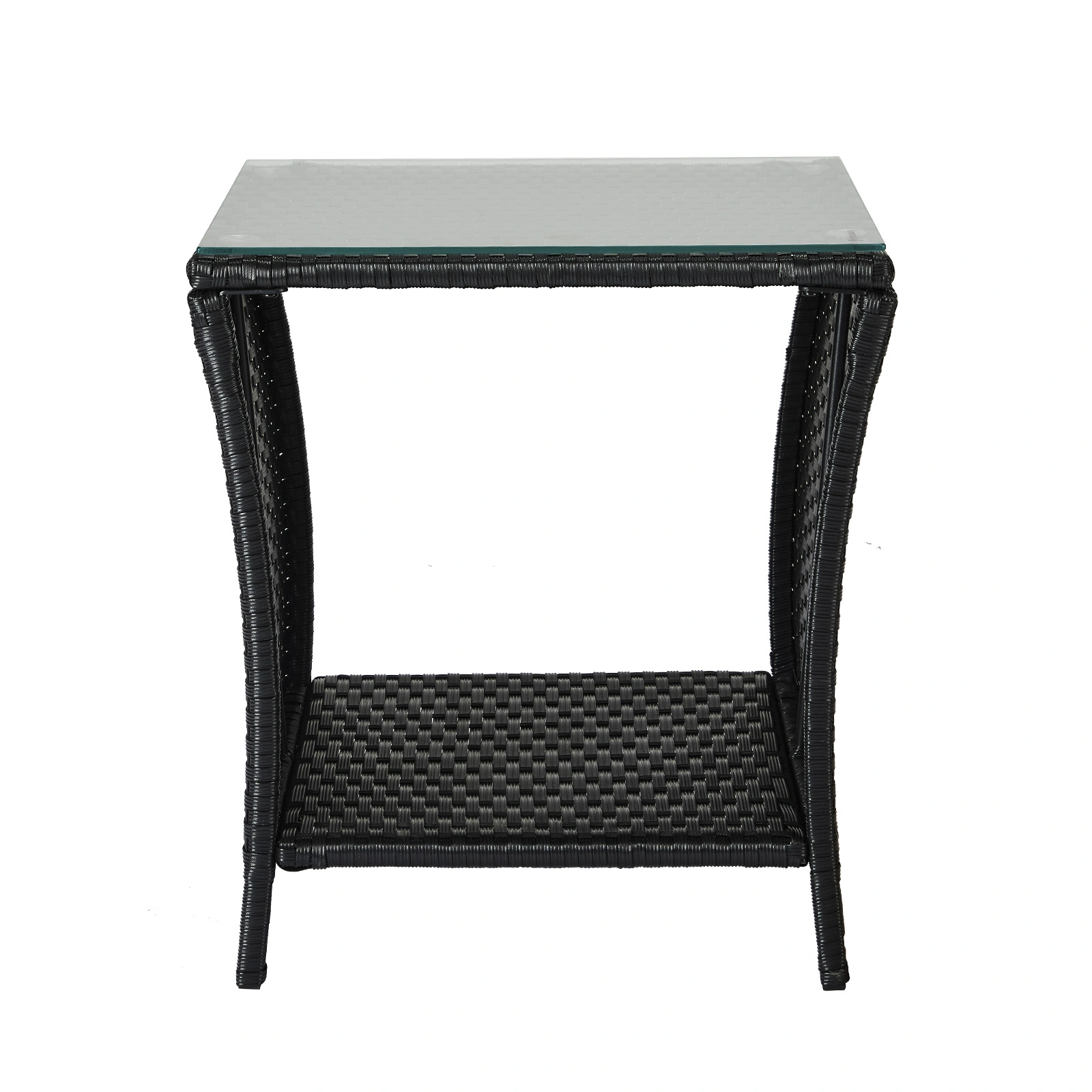 Outdoor Patio Wicker Side Table, Square Bistro Table with Glass Top & Shelf, Black view 6