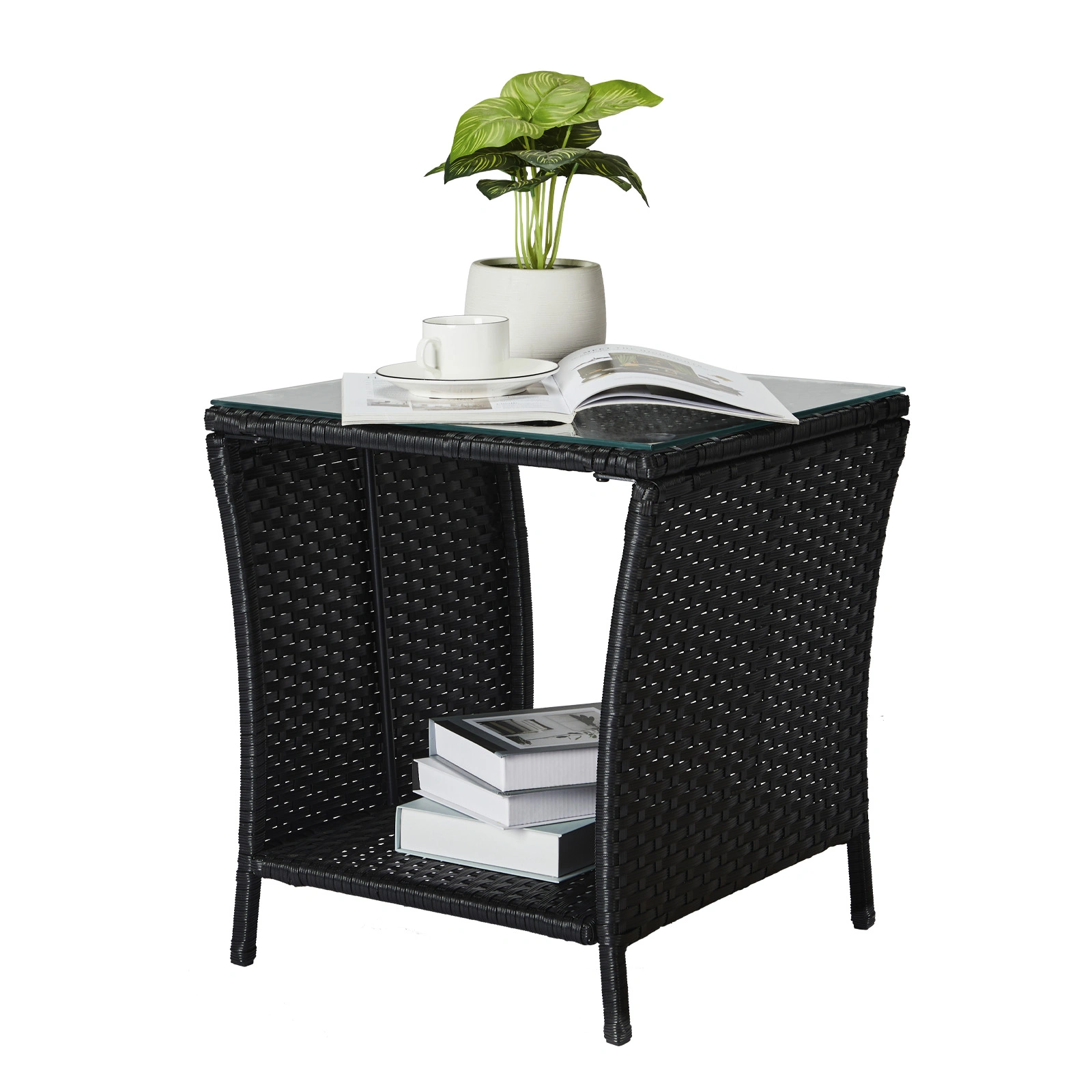 Outdoor Patio Wicker Side Table, Square Bistro Table with Glass Top & Shelf, Black view 8
