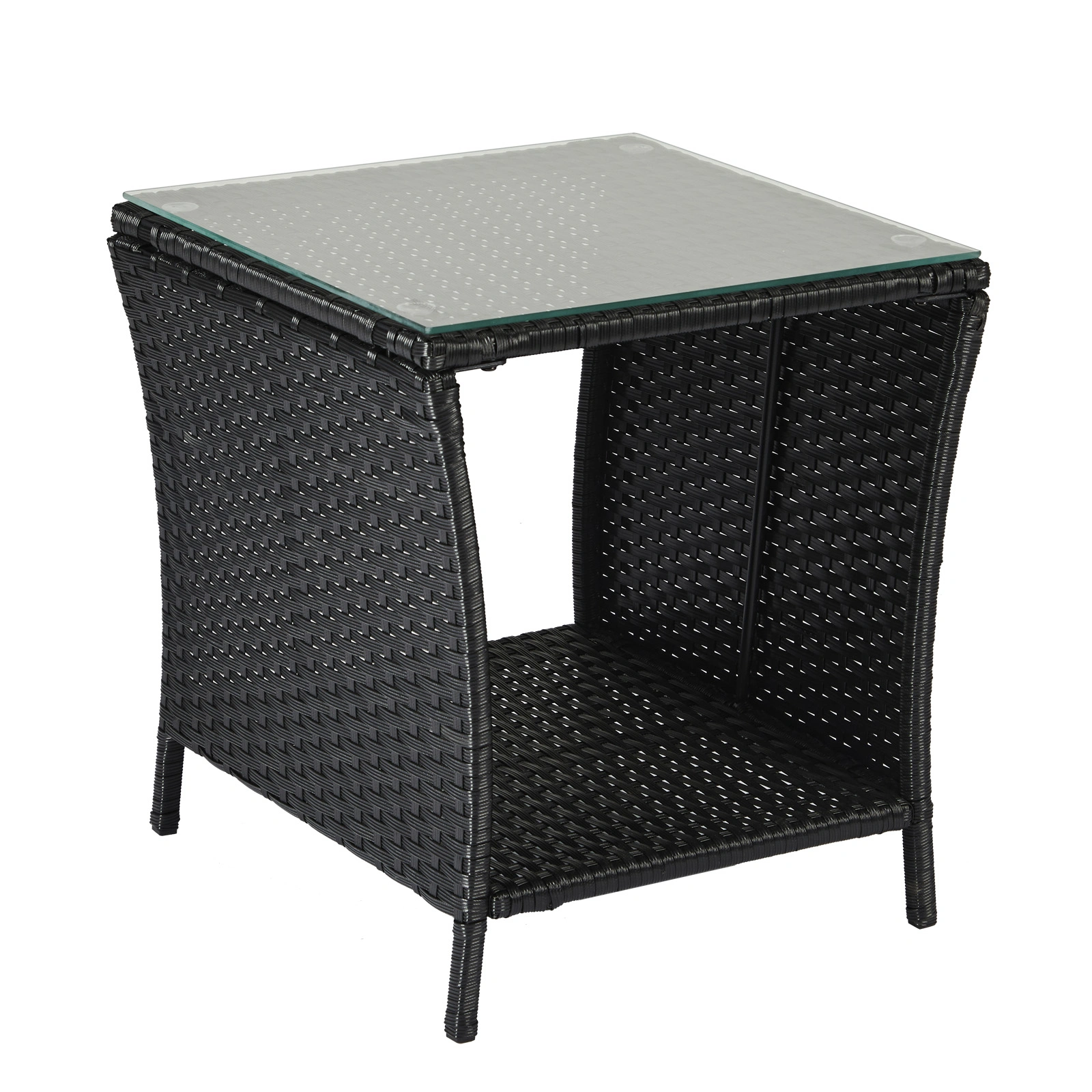 Outdoor Patio Wicker Side Table, Square Bistro Table with Glass Top & Shelf, Black view 9