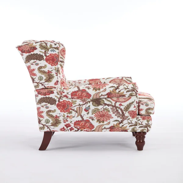 Modern Accent Chair with Retro Wood Legs, Comfy Upholstered Armchair, Floral Design Single Sofa Chair for Living Room Bedroom Office - Floral Red view 6