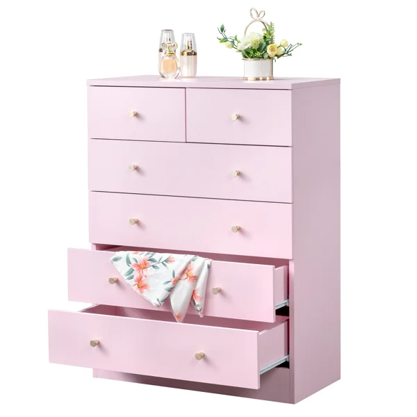 5-Tier 6-Drawer Cabinet with Matte Gold Handles Particleboard Melamine-Coated Storage Cabinet 25.98*12.99*35.04in Macaron Pink view 5