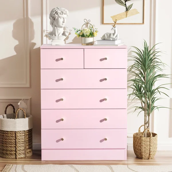 5-Tier 6-Drawer Cabinet with Matte Gold Handles Particleboard Melamine-Coated Storage Cabinet 25.98*12.99*35.04in Macaron Pink