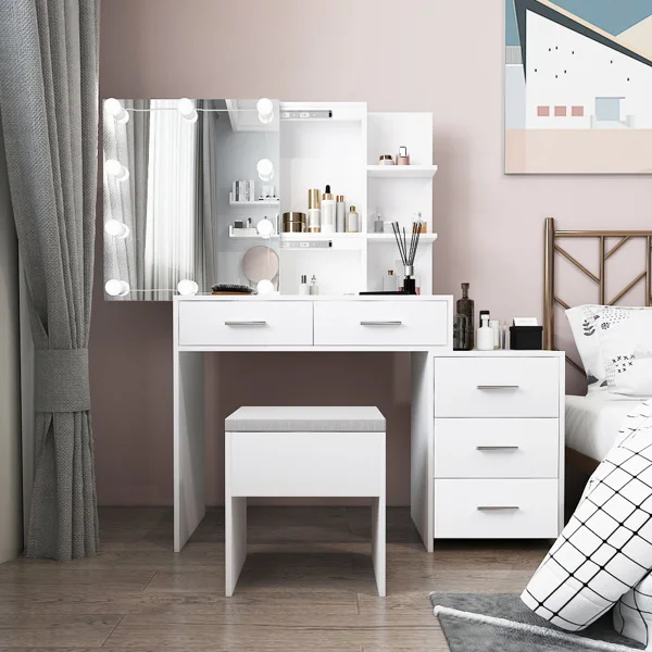Particleboard Triamine Veneer 5 Pumps 2 Shelves Mirror Cabinet Three Dimming Light Bulb Dressing Table Set White view 2