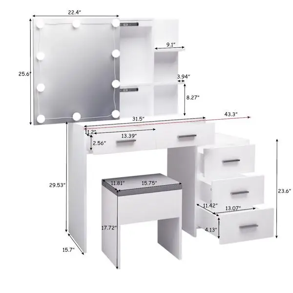 Particleboard Triamine Veneer 5 Pumps 2 Shelves Mirror Cabinet Three Dimming Light Bulb Dressing Table Set White view 3