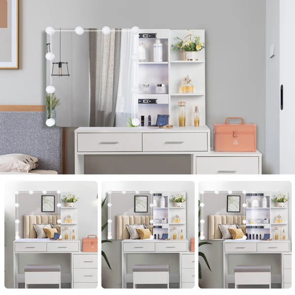 Particleboard Triamine Veneer 5 Pumps 2 Shelves Mirror Cabinet Three Dimming Light Bulb Dressing Table Set White view 6