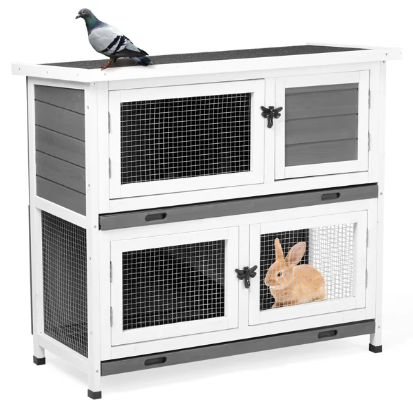 2 Story Solid Wood Rabbit Hutch Bunny Cage with 2 Large Main Rooms, Indoor Outdoor Rabbit House Guinea Pig Cage Pet House for Small Animals with 2 Removable Trays, Grey view 6