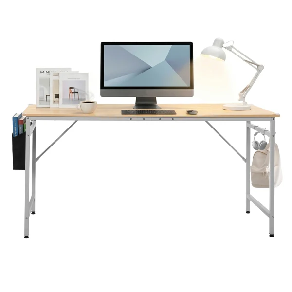Oak-colored SG001FD P2 particleboard + iron pipe 160cm cut-out computer desk with non-woven fabric storage