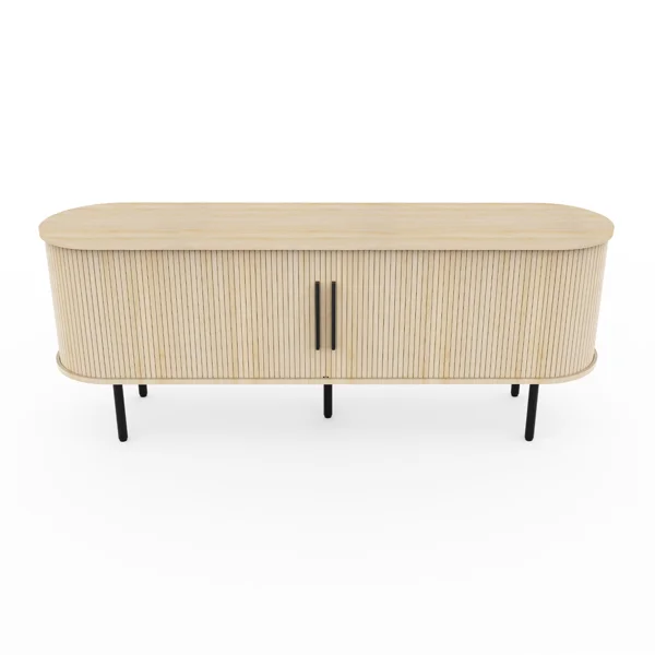 Oak Color Embossed Particle Board TV Stand, Oval Tabletop 147×35×58cm, Modern Entertainment Center with Sliding Grid Doors, Media Console Cabinet for Living Room Home Decor view 4
