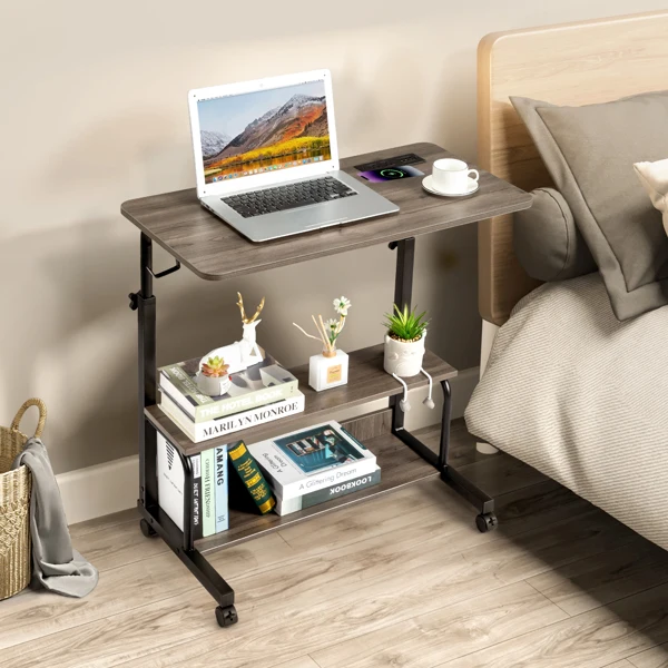 Grey Oak P2 15MM Particle Board with Melamine Coating Adjustable Computer Desk with 3 USB + 2 AC Outlets