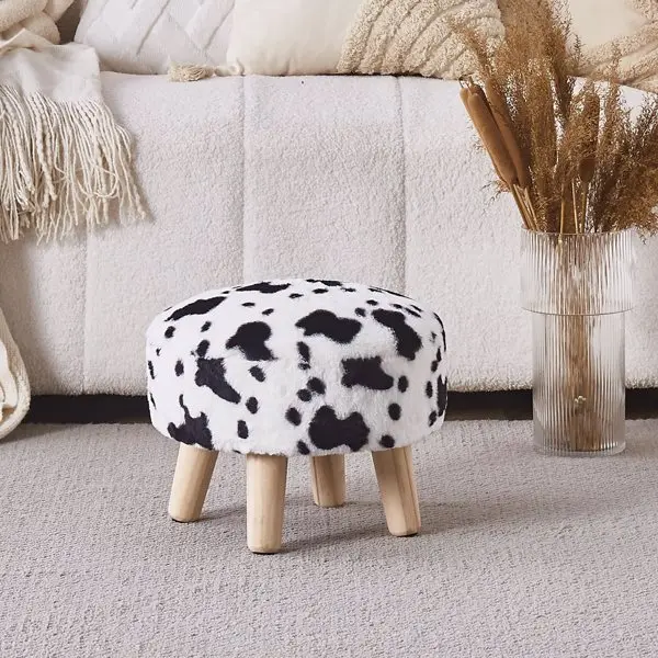Round Mushroom Footstool Ottoman - Rabbit Wool Upholstered Small Stool with Solid Wood Legs, Cute Shoe Changing Stool, Step Stool, Sofa Footrest for Living Room & Bedroom, Cow Print view 2