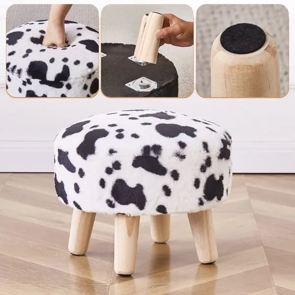 Round Mushroom Footstool Ottoman - Rabbit Wool Upholstered Small Stool with Solid Wood Legs, Cute Shoe Changing Stool, Step Stool, Sofa Footrest for Living Room & Bedroom, Cow Print view 5