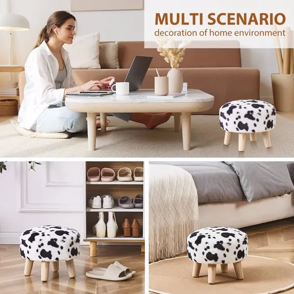 Round Mushroom Footstool Ottoman - Rabbit Wool Upholstered Small Stool with Solid Wood Legs, Cute Shoe Changing Stool, Step Stool, Sofa Footrest for Living Room & Bedroom, Cow Print view 6