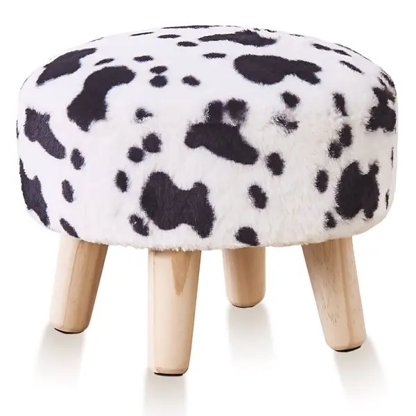 Round Mushroom Footstool Ottoman - Rabbit Wool Upholstered Small Stool with Solid Wood Legs, Cute Shoe Changing Stool, Step Stool, Sofa Footrest for Living Room & Bedroom, Cow Print