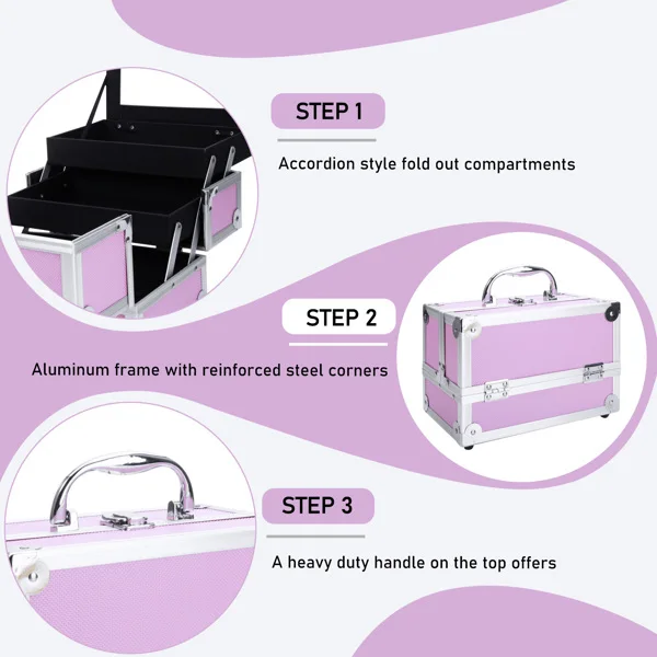 SM-2176 Aluminum Makeup Train Case Jewelry Box Cosmetic Organizer with Mirror 9"x6"x6" Pink view 4