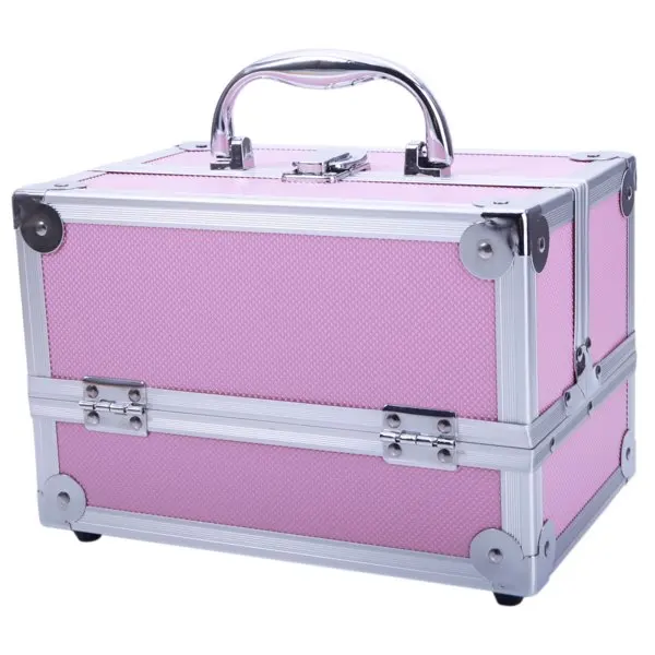 SM-2176 Aluminum Makeup Train Case Jewelry Box Cosmetic Organizer with Mirror 9"x6"x6" Pink view 6