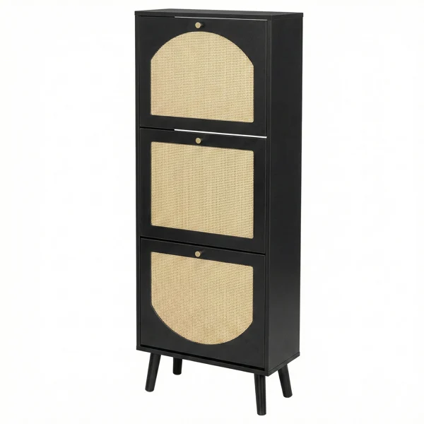 Rattan-fronted 3-tier shoe cabinet, particleboard, 54*24*135 cm, black view 4