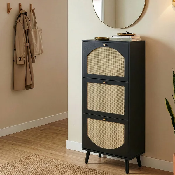 Rattan-fronted 3-tier shoe cabinet, particleboard, 54*24*135 cm, black view 6