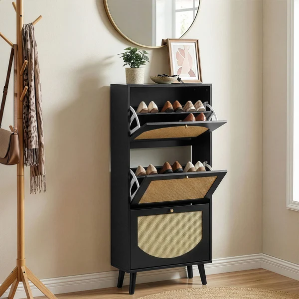 Rattan-fronted 3-tier shoe cabinet, particleboard, 54*24*135 cm, black