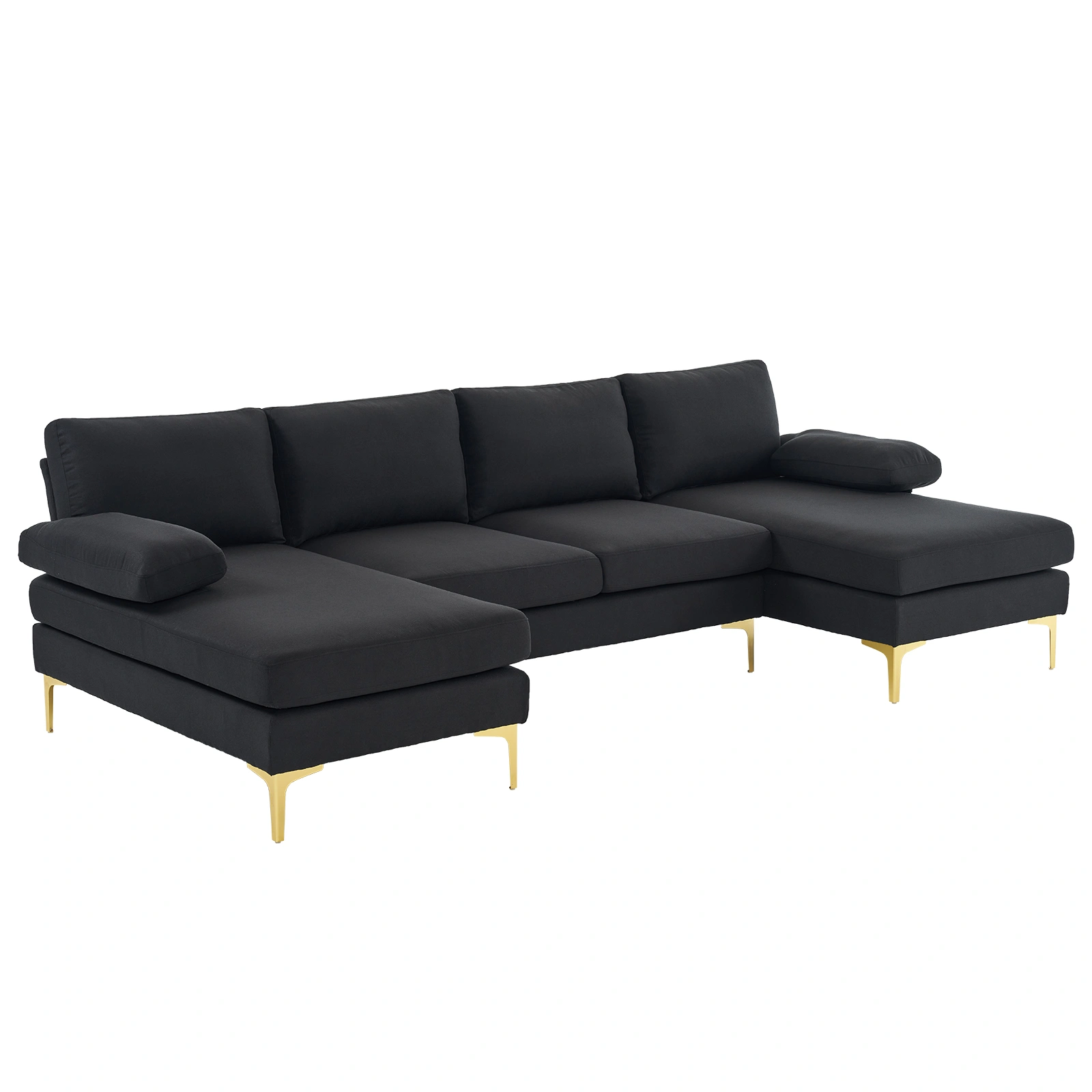U-Shaped 4-Seat Modular Sofa 280x130x85cm Black Linen Seat Wooden Frame Iron Back Golden Feet Indoor