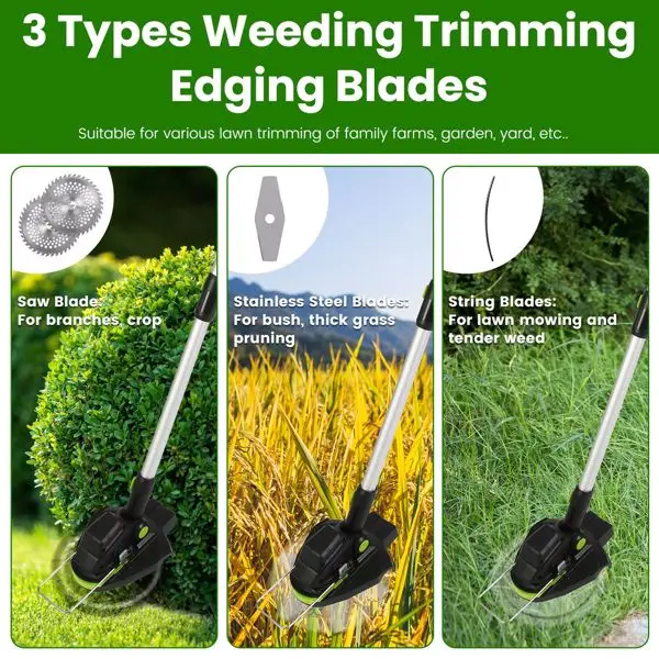 21V Electric Weed Edger Cordless String Trimmer Grass Mower Eater Bush Cutter with 16800RPM 2x 3000mAh Batteries 3.6-4.6FT Length 90° Rotatable Angle Saw Blade Steel Blade String Blade view 3
