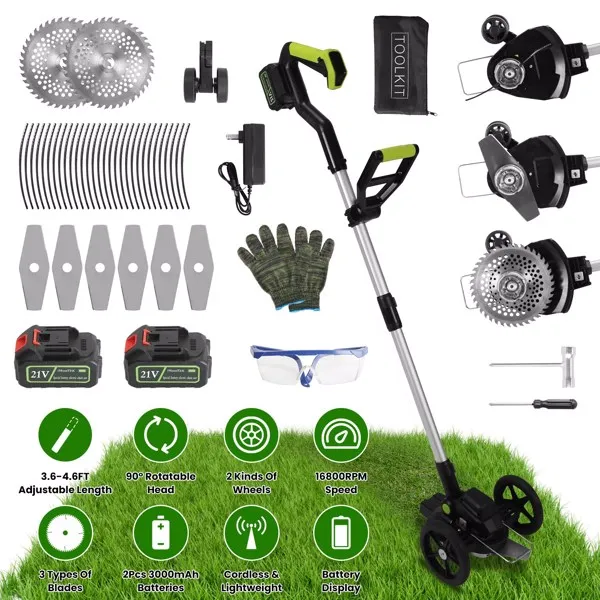 21V Electric Weed Edger Cordless String Trimmer Grass Mower Eater Bush Cutter with 16800RPM 2x 3000mAh Batteries 3.6-4.6FT Length 90° Rotatable Angle Saw Blade Steel Blade String Blade