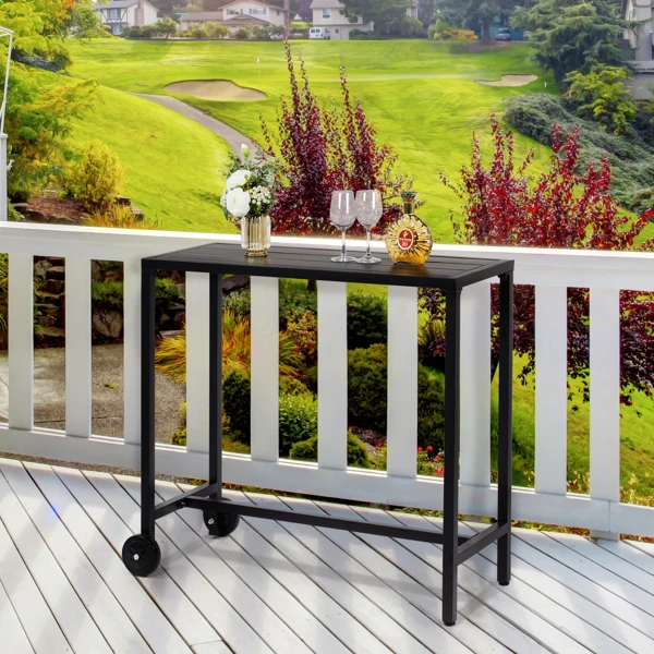40" Outdoor Bar Table with Wheels, Rectangle Narrow Counter Height Table, Ideal Bar Height Table for Balcony Patio Garden Yard Poolside, Black view 3