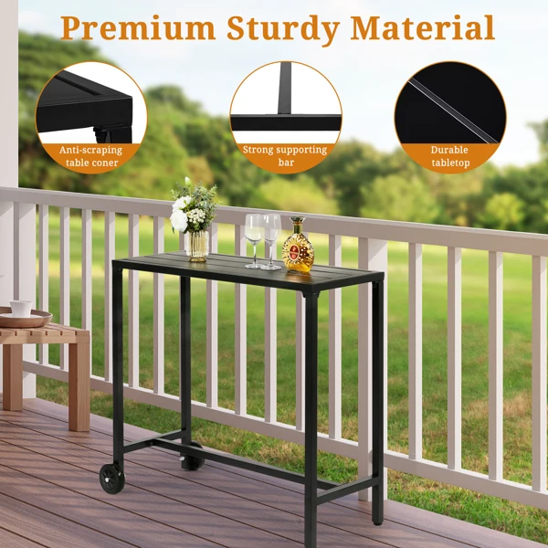 40" Outdoor Bar Table with Wheels, Rectangle Narrow Counter Height Table, Ideal Bar Height Table for Balcony Patio Garden Yard Poolside, Black view 5
