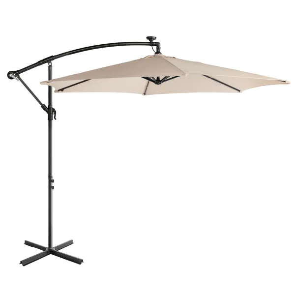 10FT Round Banana Hanging Patio Umbrella with 18 LED Lights, 6 Iron Ribs, Iron Straight & Curved Pole, Waterproof Polyester Canopy, with Stand Sleeve and Cross Base, Khaki view 5