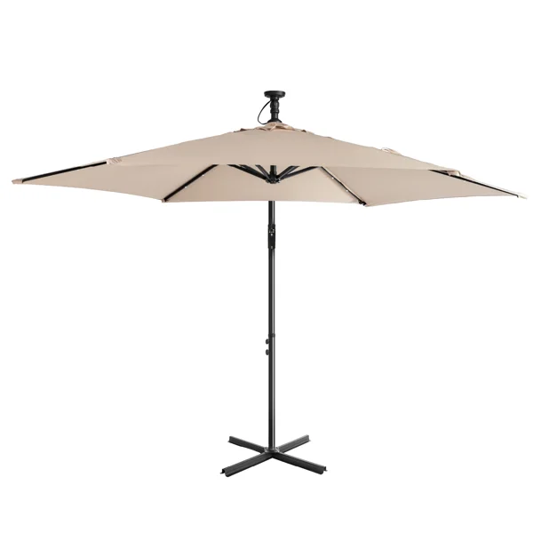 10FT Round Banana Hanging Patio Umbrella with 18 LED Lights, 6 Iron Ribs, Iron Straight & Curved Pole, Waterproof Polyester Canopy, with Stand Sleeve and Cross Base, Khaki view 6