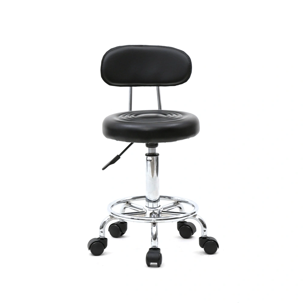Adjustable Round Salon Stool with Backrest - Line Design, Black Professional Chair