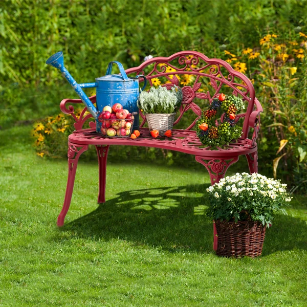 Outdoor Cast Aluminum Patio Bench, Porch Bench Chair with Curved Legs Rose Pattern, Red view 4