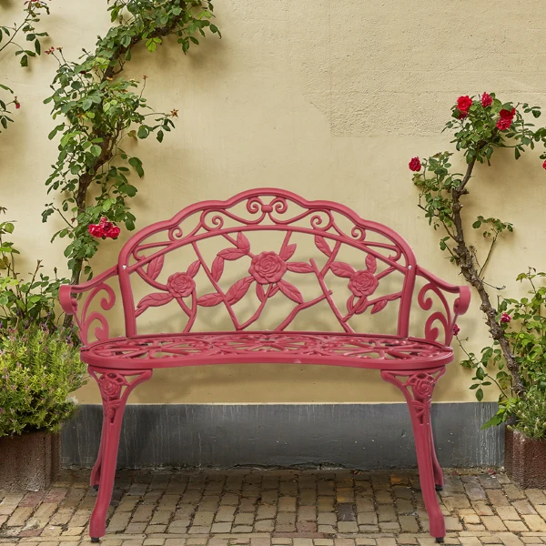 Outdoor Cast Aluminum Patio Bench, Porch Bench Chair with Curved Legs Rose Pattern, Red view 5