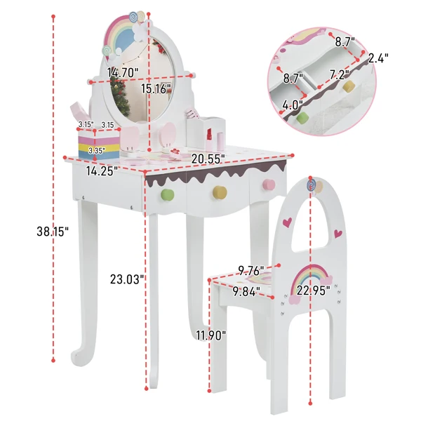 Kids Vanity Table and Chair Set with 7pcs Pretend Play Makeup Toys, Girls Vanity with Mirror & Stool, 3 Drawers & Tabletop Storage, Princess Table for Toddlers, White view 3