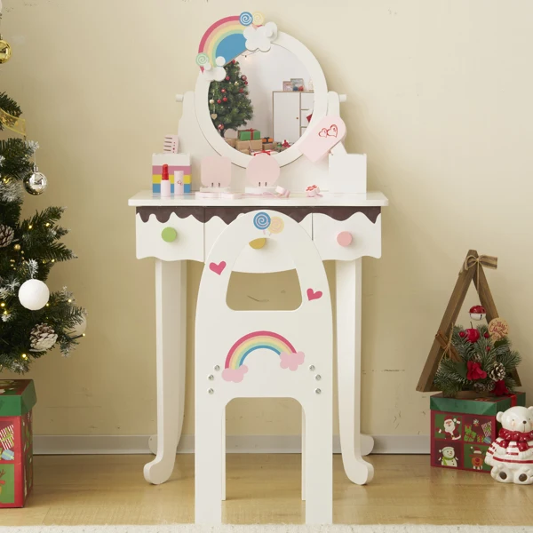 Kids Vanity Table and Chair Set with 7pcs Pretend Play Makeup Toys, Girls Vanity with Mirror & Stool, 3 Drawers & Tabletop Storage, Princess Table for Toddlers, White view 4
