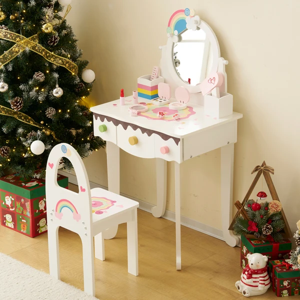 Kids Vanity Table and Chair Set with 7pcs Pretend Play Makeup Toys, Girls Vanity with Mirror & Stool, 3 Drawers & Tabletop Storage, Princess Table for Toddlers, White view 6