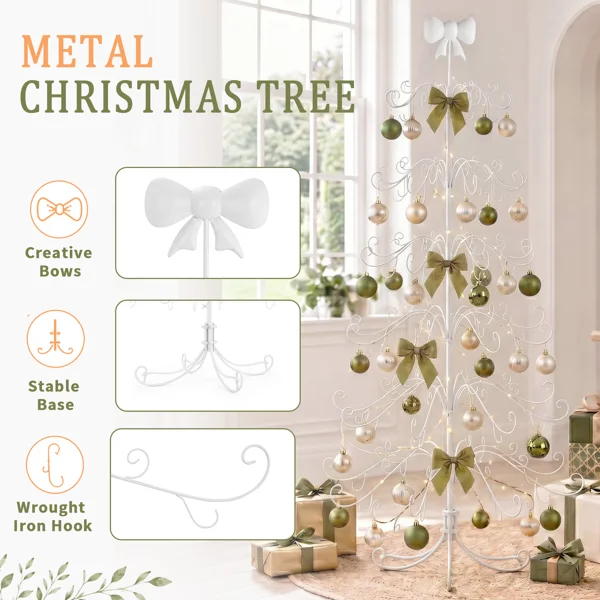 6ft White PVC Metal Artificial Christmas Tree with Bow Topper, No Extra Ornaments, Daily Decor Tree view 5