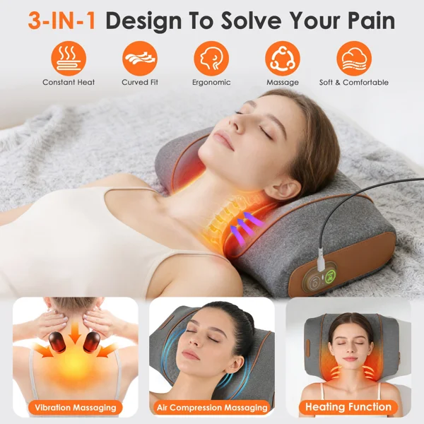 3 in 1 Neck Massager Pillow with Vibration, Air Compression & Heat Therapy, Ergonomic Memory Foam Neck Pillow for Neck & Shoulder Pain Relief