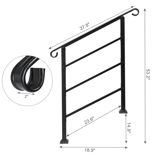 Handrails for Outdoor Steps, Wrought Iron Handrail Fits 1 or 3 Steps, Transitional Handrail with Installation Kit, Black view 2