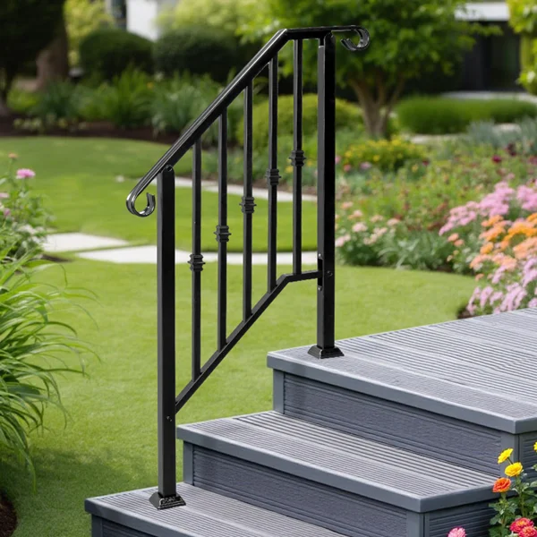 [Same Code:89100953]Matte Black Outdoor 2-Step Iron Handrail view 3