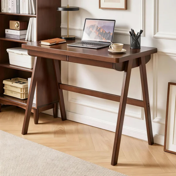 100% Solid Rubber Wood Computer Desk, Retro Walnut Writing Desk with Drawer, Sturdy A-Frame Leg, 39.37"×21.65", 0.71" Standard Thick Home Office Study Table